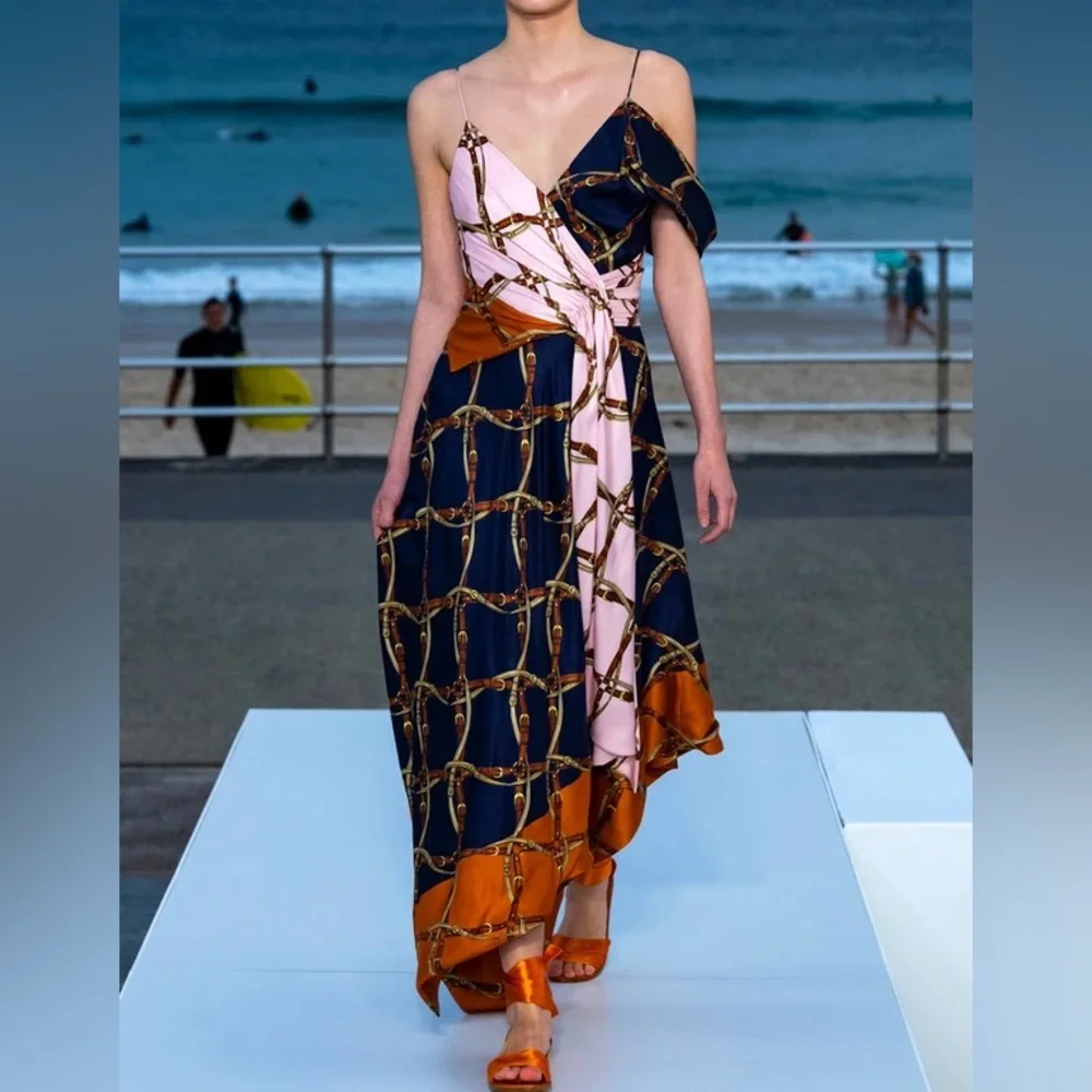 NWT Jonathan Simkhai Runway Saddle-Print Asymmetric Scarf Midi Dress size 6 - Picture 2 of 11